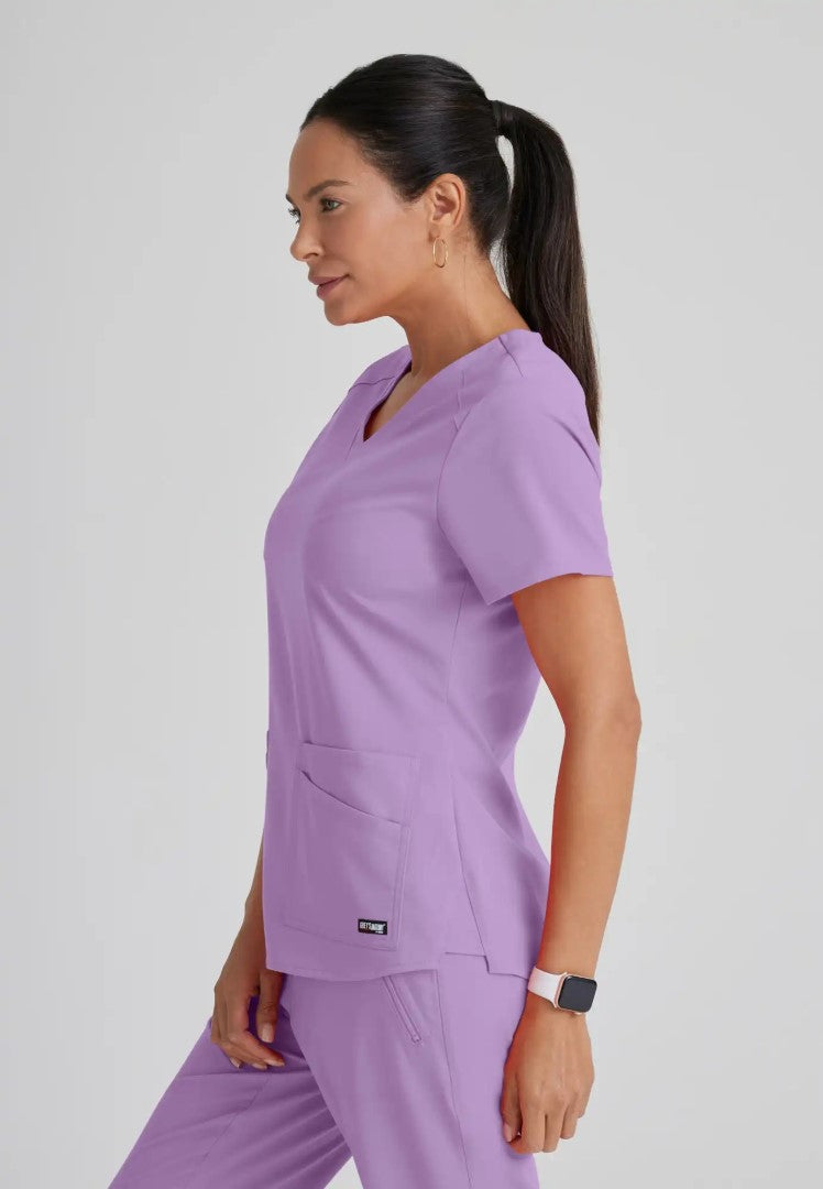 Grey's Anatomy™ Spandex Stretch "Emma" 4-Pocket V-Neck Scrub Top - Purple Freesia