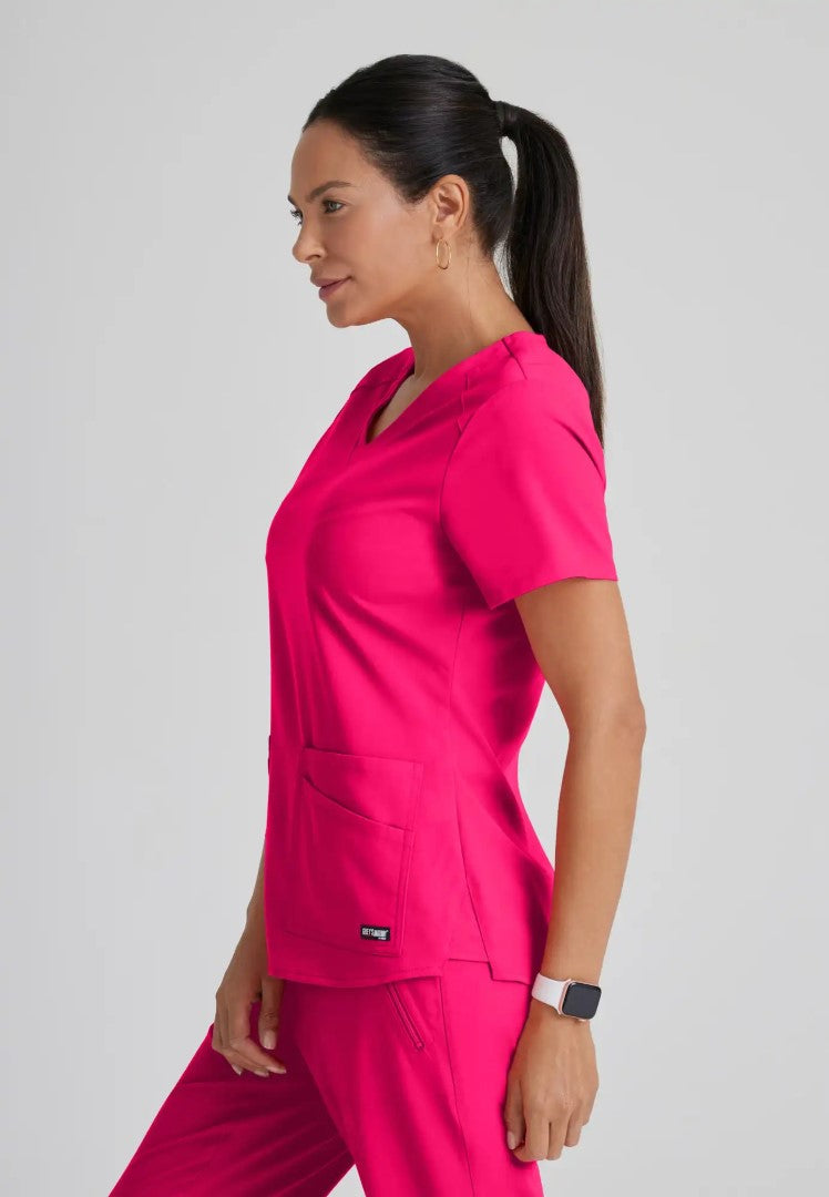 Grey's Anatomy™ Spandex Stretch "Emma" 4-Pocket V-Neck Scrub Top - Vibrance Pink