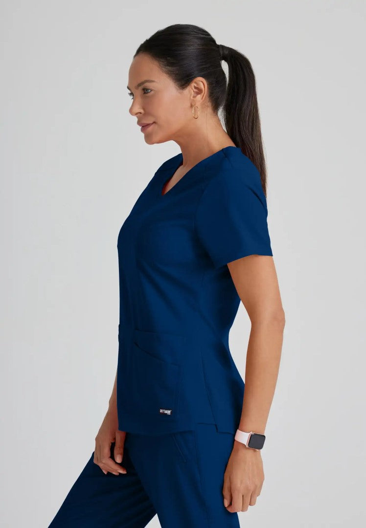 Grey's Anatomy™ Spandex Stretch "Emma" 4-Pocket V-Neck Scrub Top - Indigo