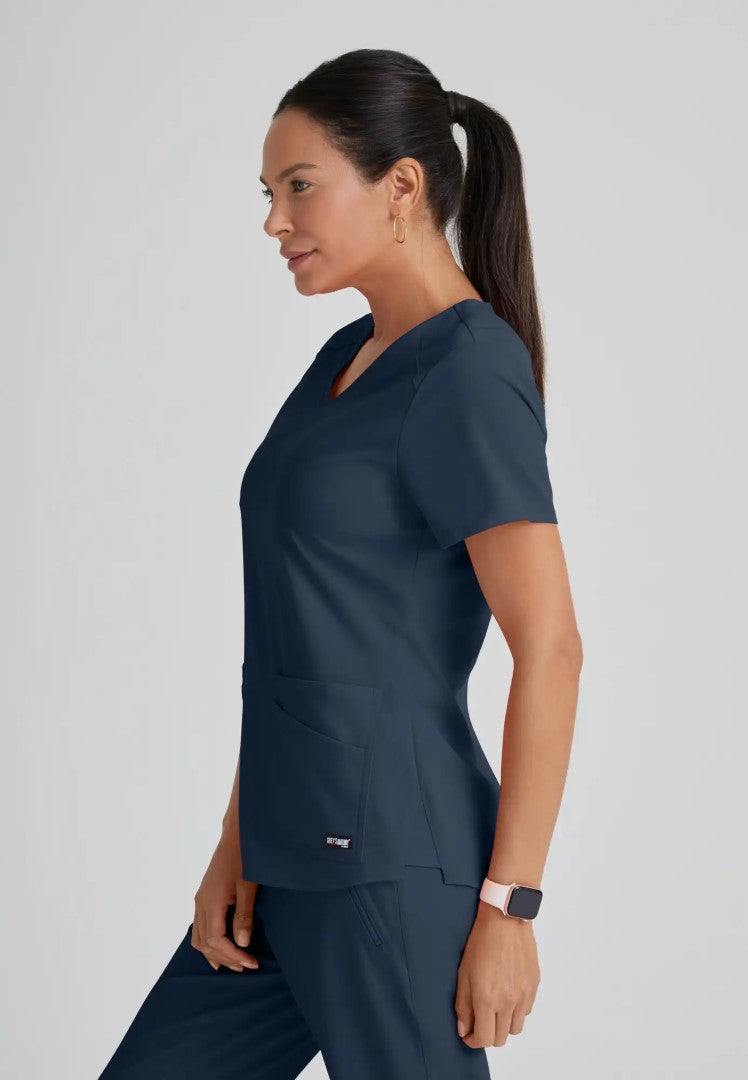 Grey's Anatomy™ Spandex Stretch "Emma" 4-Pocket V-Neck Scrub Top - Steel