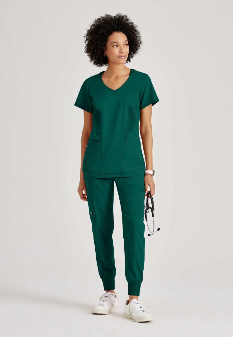 Grey's Anatomy™ Spandex Stretch "Carly" 3-Pocket Curved V-Neck Scrub Top - Hunter Green