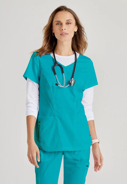 Grey's Anatomy™ Spandex Stretch "Carly" 3-Pocket Curved V-Neck Scrub Top - Teal