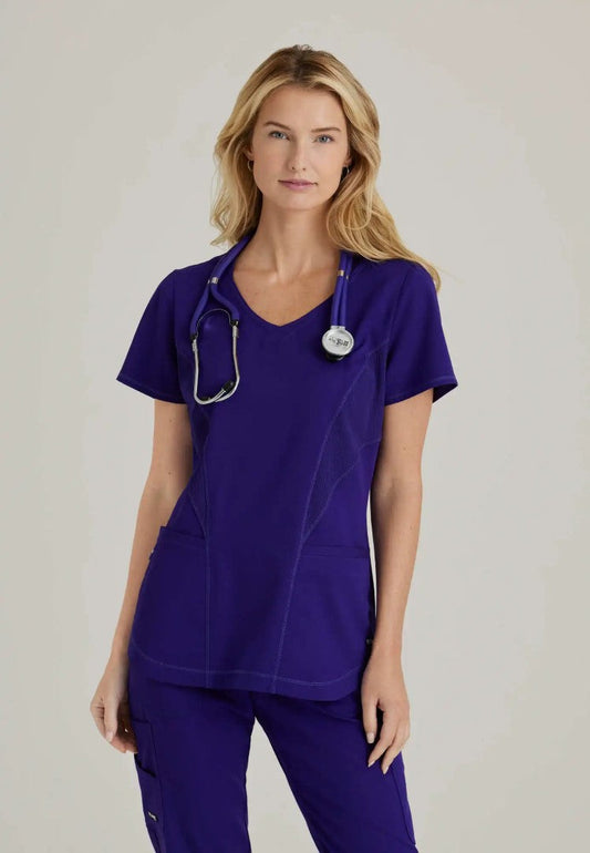 Grey's Anatomy™ Spandex Stretch "Carly" 3-Pocket Curved V-Neck Scrub Top - Brilliance