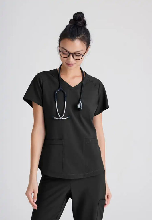 Grey's Anatomy™ Evolve "Rhythm" 2-Pocket Piped V-Neck Top - Black