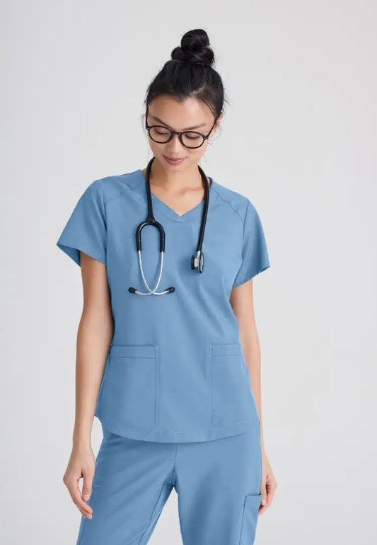 Grey's Anatomy™ Evolve "Rhythm" 2-Pocket Piped V-Neck Top - Ciel Blue