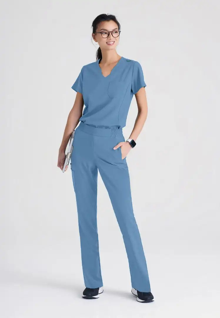 Grey's Anatomy™ Evolve "Sway" Banded V-Neck Tuck-In Top - Ciel Blue