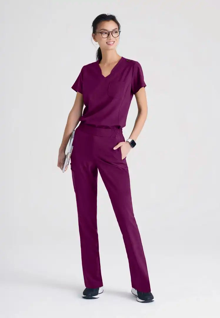 Grey's Anatomy™ Evolve "Sway" Banded V-Neck Tuck-In Top - Wine - The Uniform Store