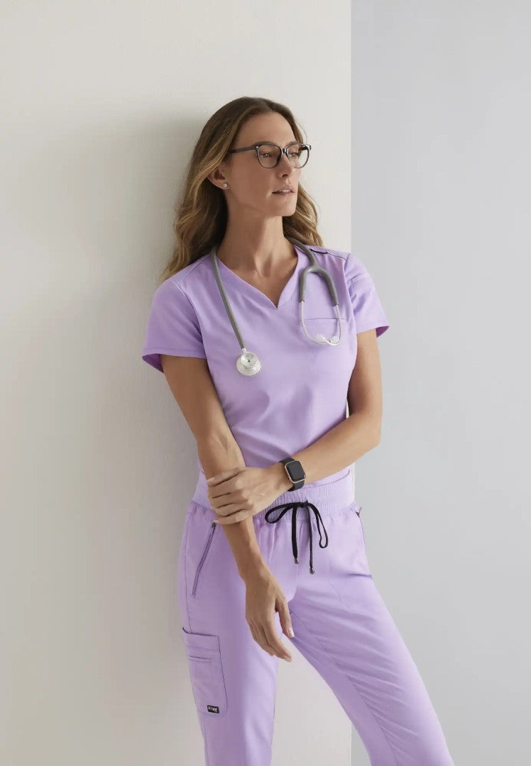 Grey's Anatomy™ Spandex Stretch "Eden" 5-Pocket Mid-Rise Jogger Scrub Pant - Purple Freesia