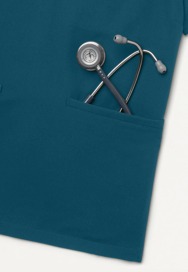 Blusa médica Helia Slim con cuello en V y muescas - Azul Caribe