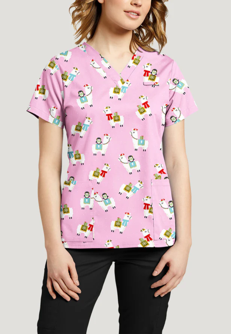 White Cross 3-Pocket V-Neck Scrub Top - Alpaca Sally Pink Print