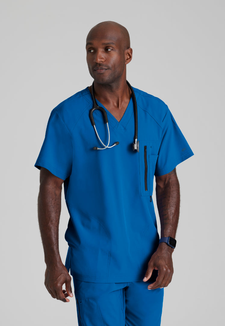 Barco One Men's Amplify 5-Pocket V-Neck Scrub Top - New Royal - The Uniform Store