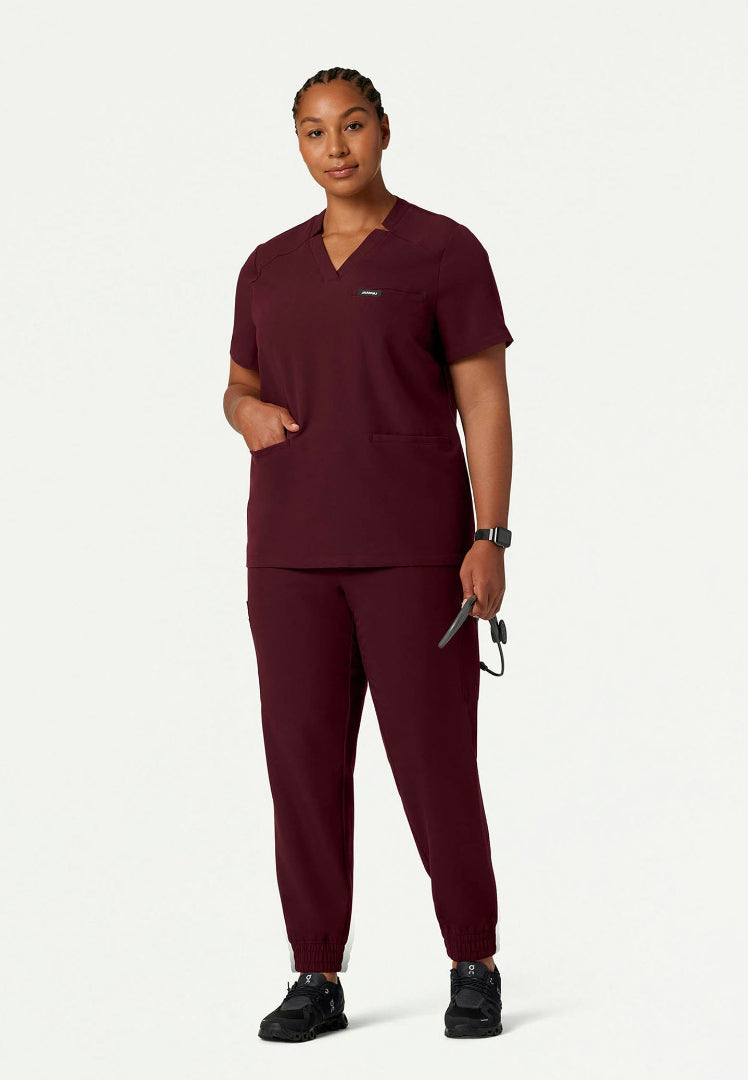 Helia Notched V-Neck Scrub Top - Burgundy