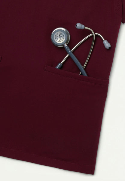 Helia Slim Notched V-Neck Scrub Top - Burgundy