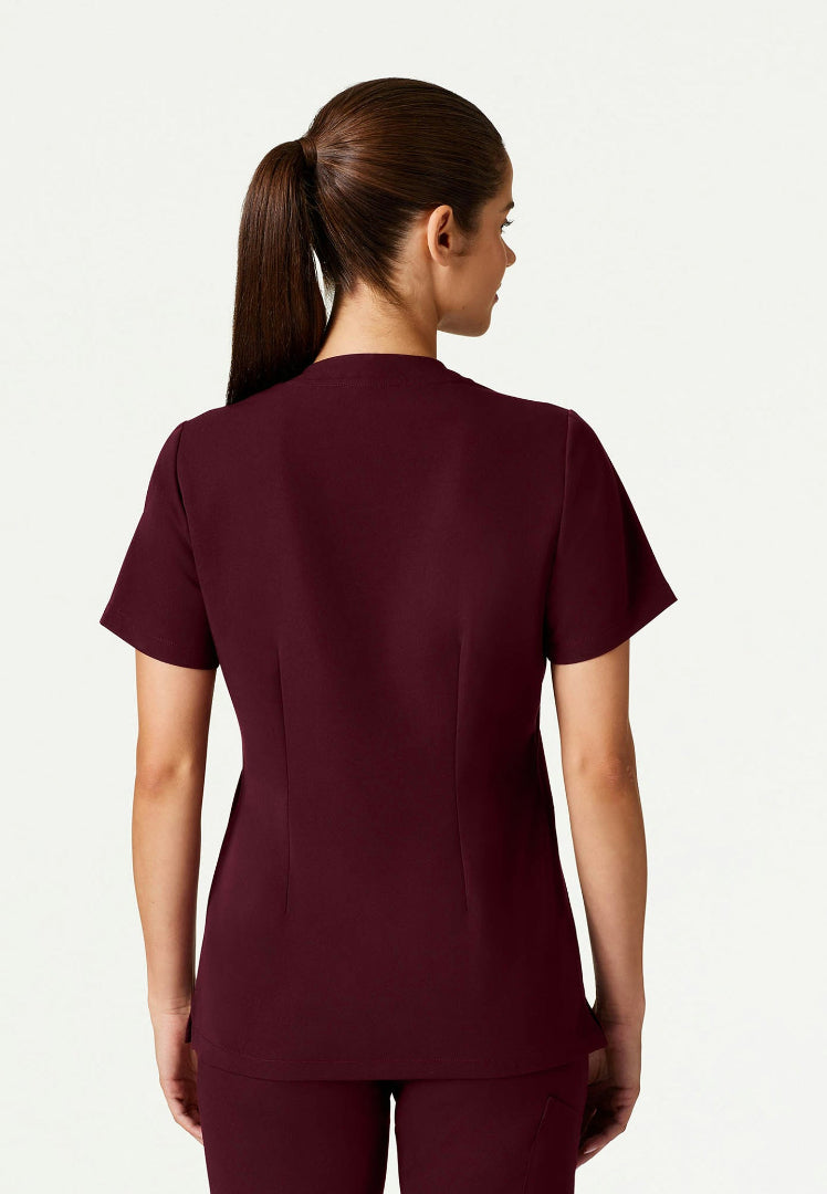 Helia Slim Notched V-Neck Scrub Top - Burgundy