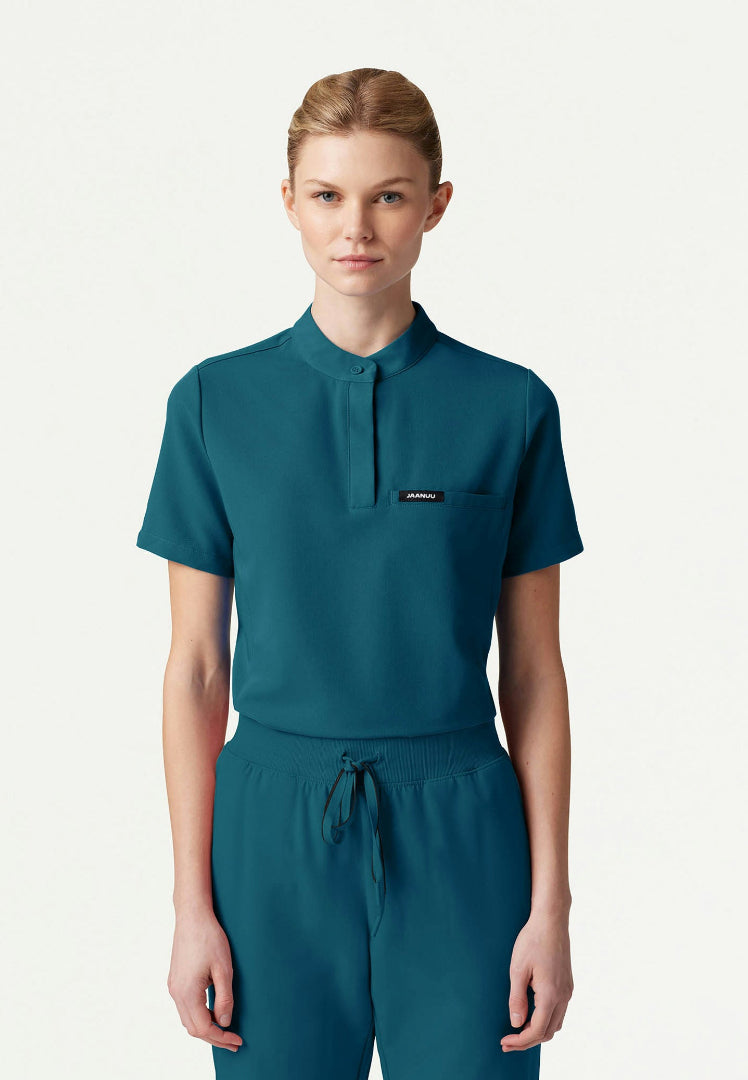 Savi Tuck-In Stand-Collar Scrub Top - Caribbean Blue