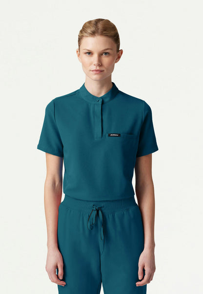 Savi Tuck-In Stand-Collar Scrub Top - Caribbean Blue