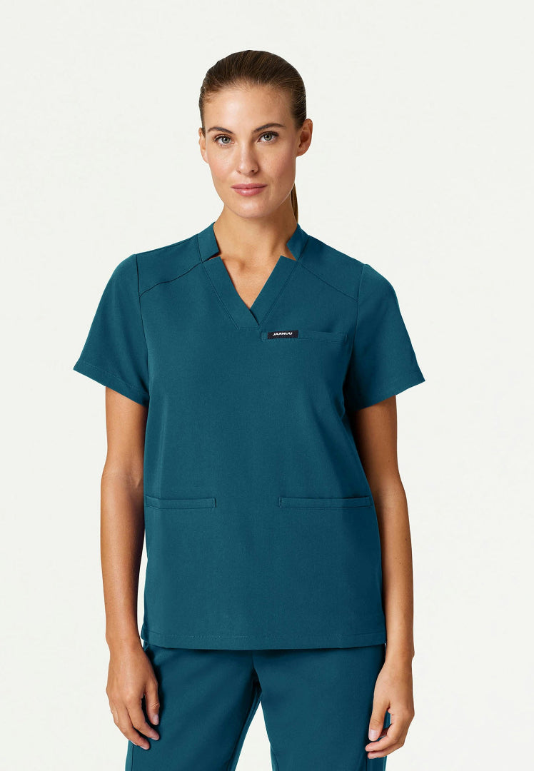 Blusa médica con cuello en V y muescas Helia - Azul Caribe