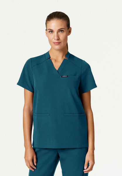 Blusa médica con cuello en V y muescas Helia - Azul Caribe