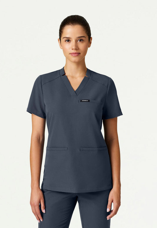 Helia Slim Notched V-Neck Scrub Top - Carbon Gray