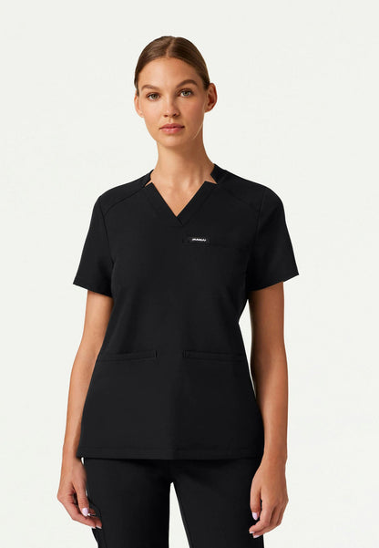 Helia Slim Notched V-Neck Scrub Top - Black