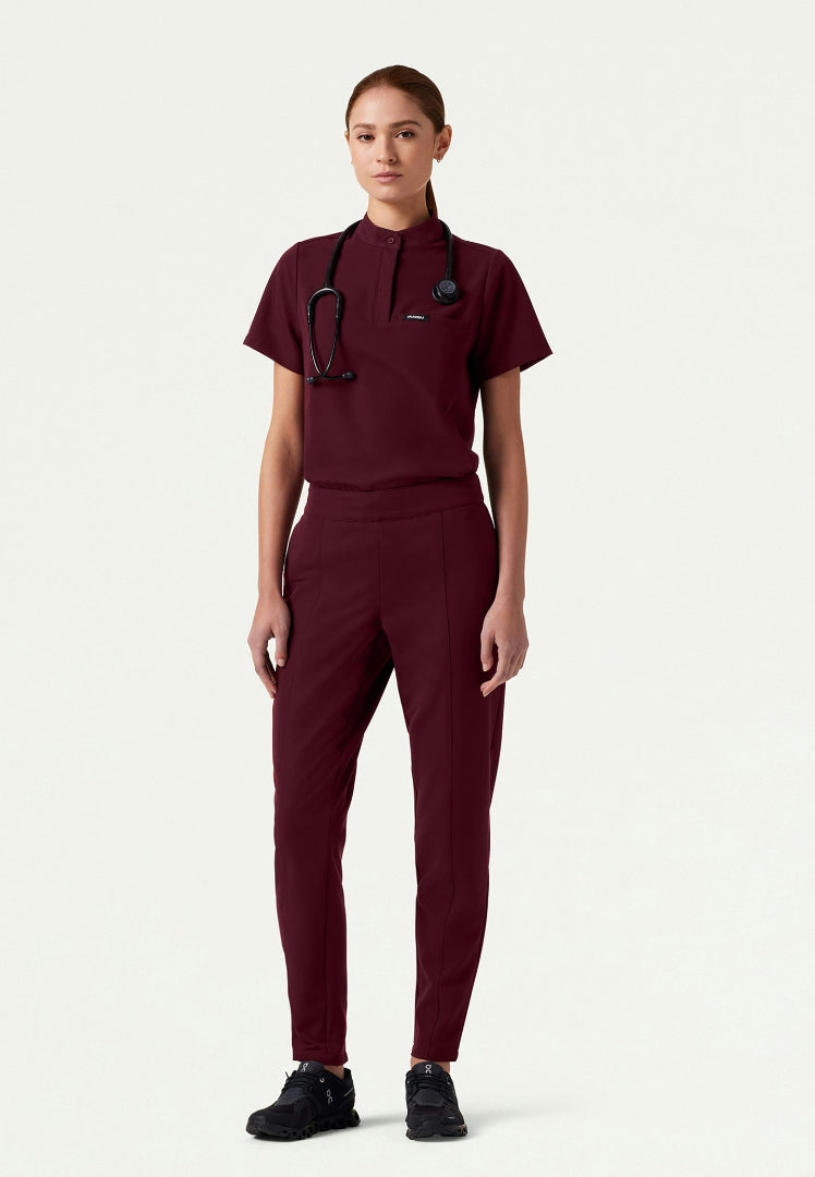 Savi Tuck-In Stand-Collar Scrub Top - Burgundy