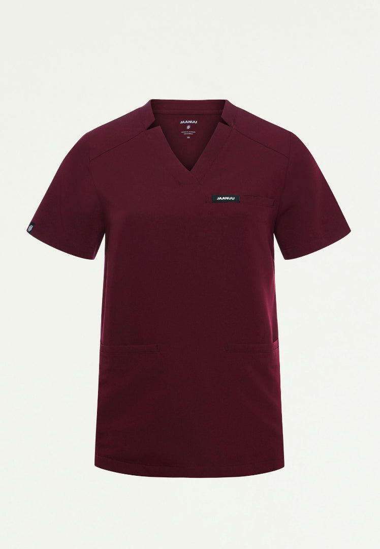 Helia Notched V-Neck Scrub Top - Burgundy