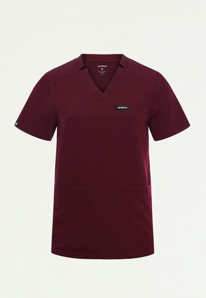 Helia Notched V-Neck Scrub Top - Burgundy
