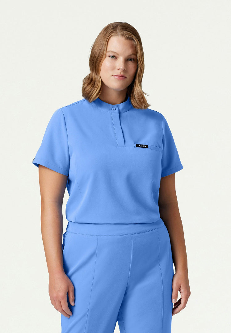 Savi Tuck-In Stand-Collar Scrub Top - Ciel Blue