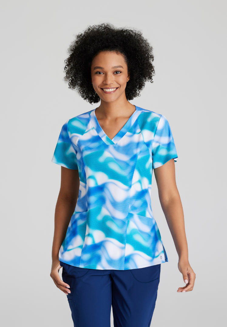 Barco One Women's Fashion Print V-Neck Scrub Top - Azure Waves