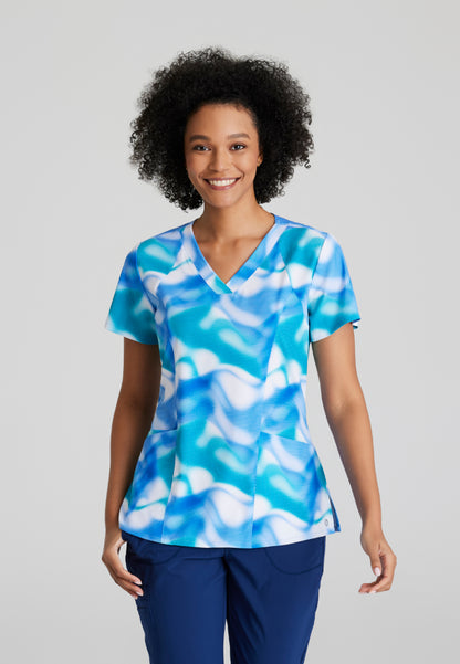 Fashion Print V-Neck Scrub Top - Azure Waves