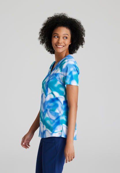 Fashion Print V-Neck Scrub Top - Azure Waves