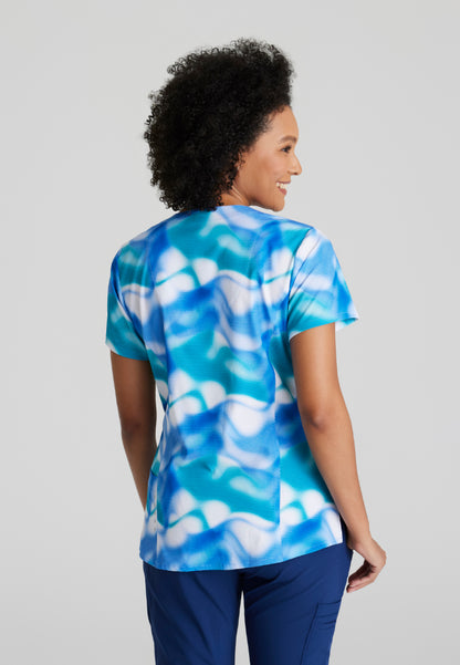 Fashion Print V-Neck Scrub Top - Azure Waves