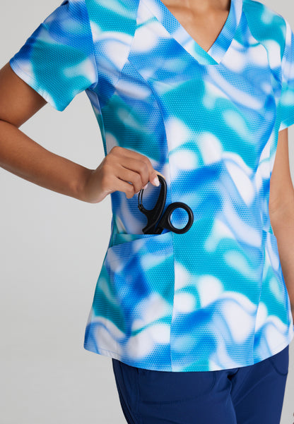 Fashion Print V-Neck Scrub Top - Azure Waves