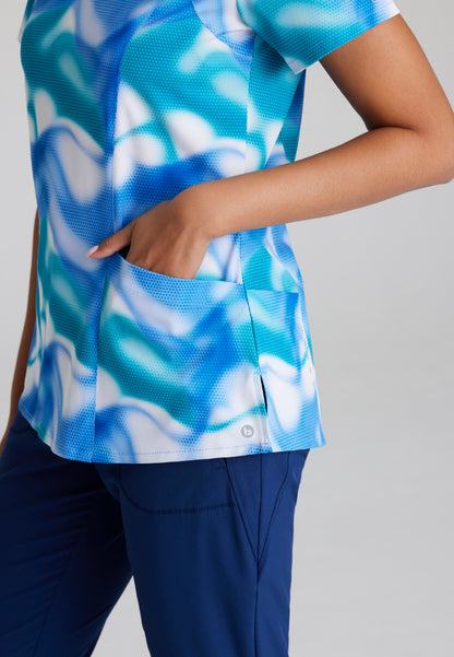 Fashion Print V-Neck Scrub Top - Azure Waves