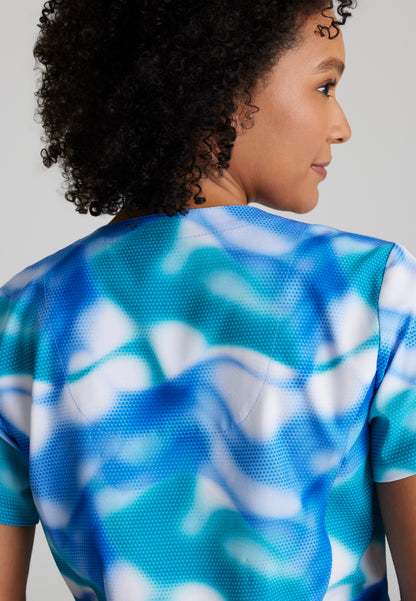 Fashion Print V-Neck Scrub Top - Azure Waves