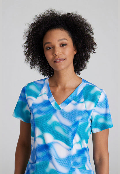 Fashion Print V-Neck Scrub Top - Azure Waves