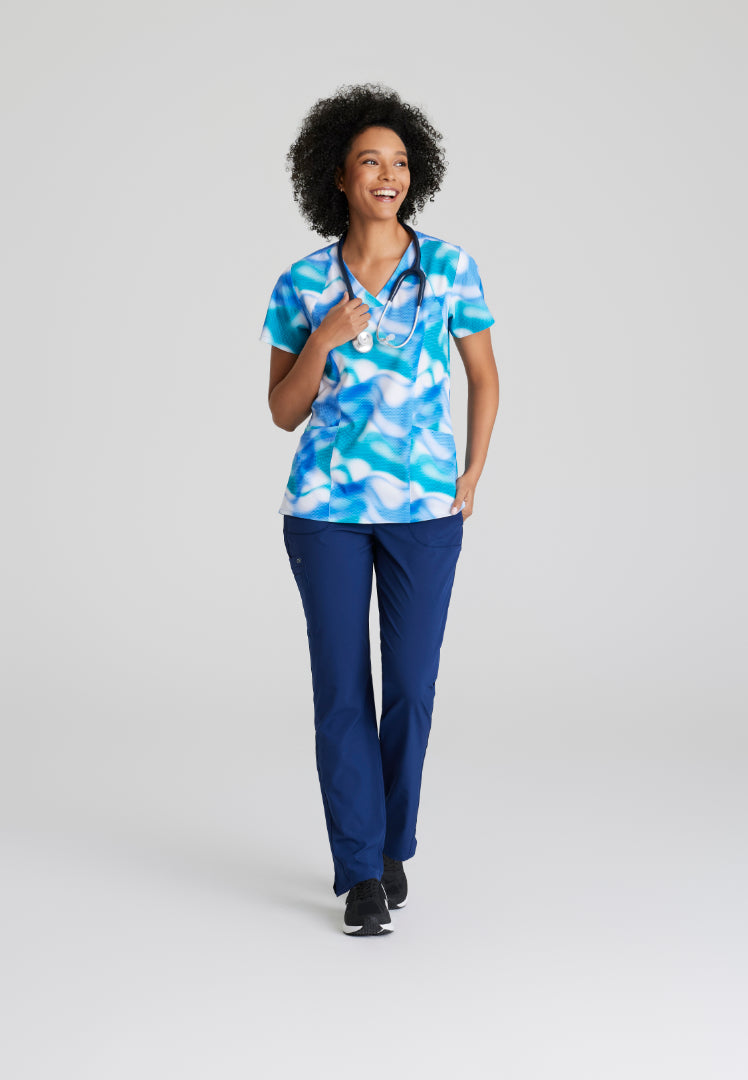 Barco One Women's Fashion Print V-Neck Scrub Top - Azure Waves