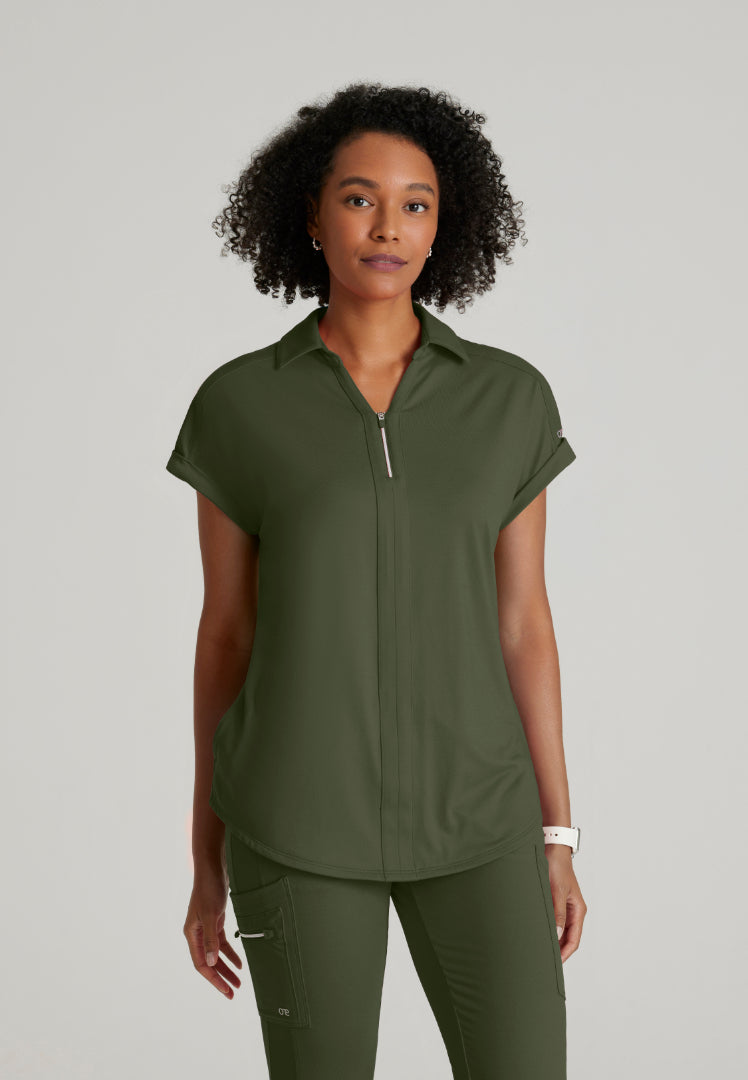 Barco One Performance Knit Women's 2 Pocket Zip-Neck Top - Olive