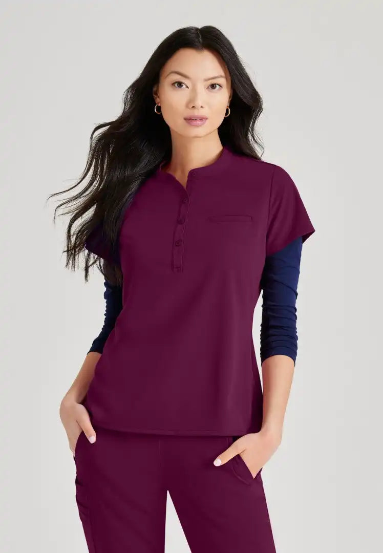 Barco Unify Women's 1 Pocket Collar Tuck In Top - Wine - The Uniform Store