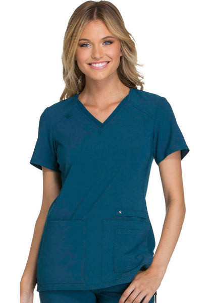 V-Neck Knit Panel Solid Scrub Top - Caribbean