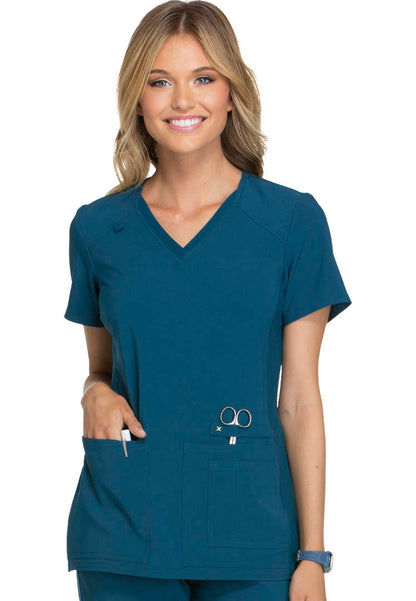 V-Neck Knit Panel Solid Scrub Top - Caribbean
