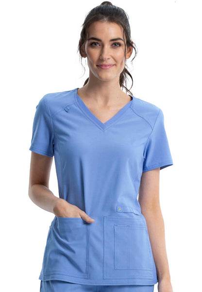 V-Neck Knit Panel Solid Scrub Top - Ciel