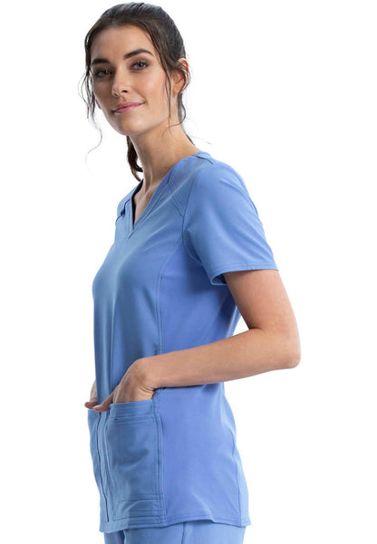 V-Neck Knit Panel Solid Scrub Top - Ciel