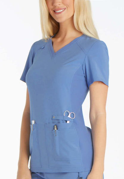 V-Neck Knit Panel Solid Scrub Top - Ciel