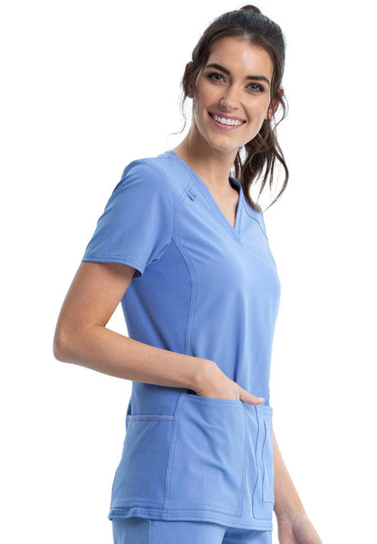 V-Neck Knit Panel Solid Scrub Top - Ciel