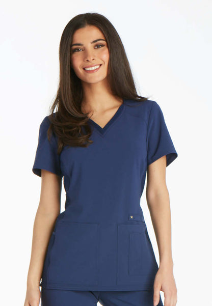 V-Neck Knit Panel Solid Scrub Top - Navy