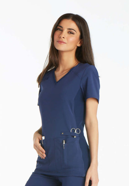 V-Neck Knit Panel Solid Scrub Top - Navy