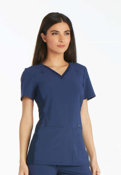 V-Neck Knit Panel Solid Scrub Top - Navy