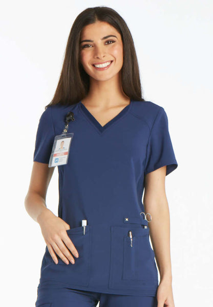V-Neck Knit Panel Solid Scrub Top - Navy