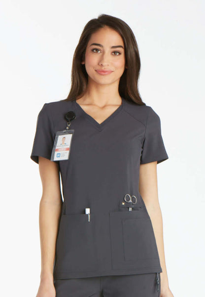 V-Neck Knit Panel Solid Scrub Top - Pewter